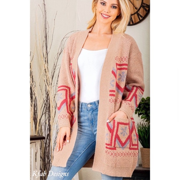 B29S🤎💗Luxury look+feel tan Southwest print cardigan w/pink +blue trim details - Picture 8 of 13
